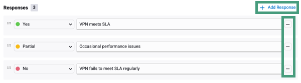 assessment item response list with add response and remove response buttons highlighted