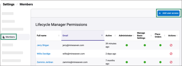 Members page with Add user access button highlighted