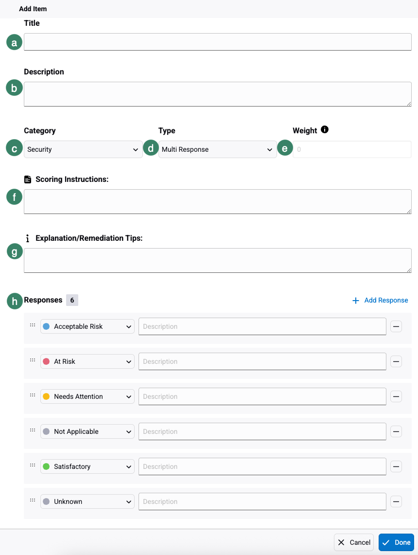 Add assessment item screen