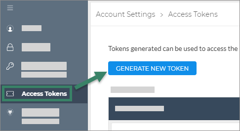 Highlighted Access Tokens navigation item and an arrow pointing to the Generate new tokens button in Liongard