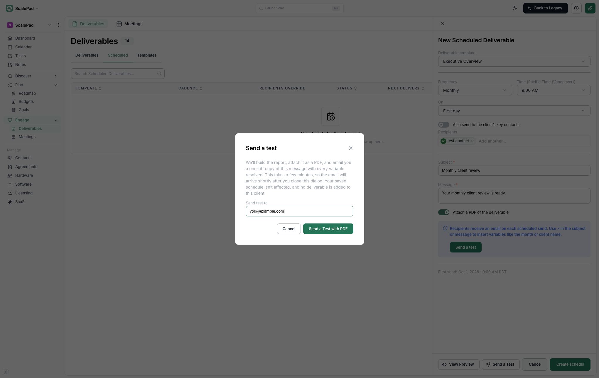 Scheduled Deliverable editor showing the footer test action and Send a Test with PDF confirmation