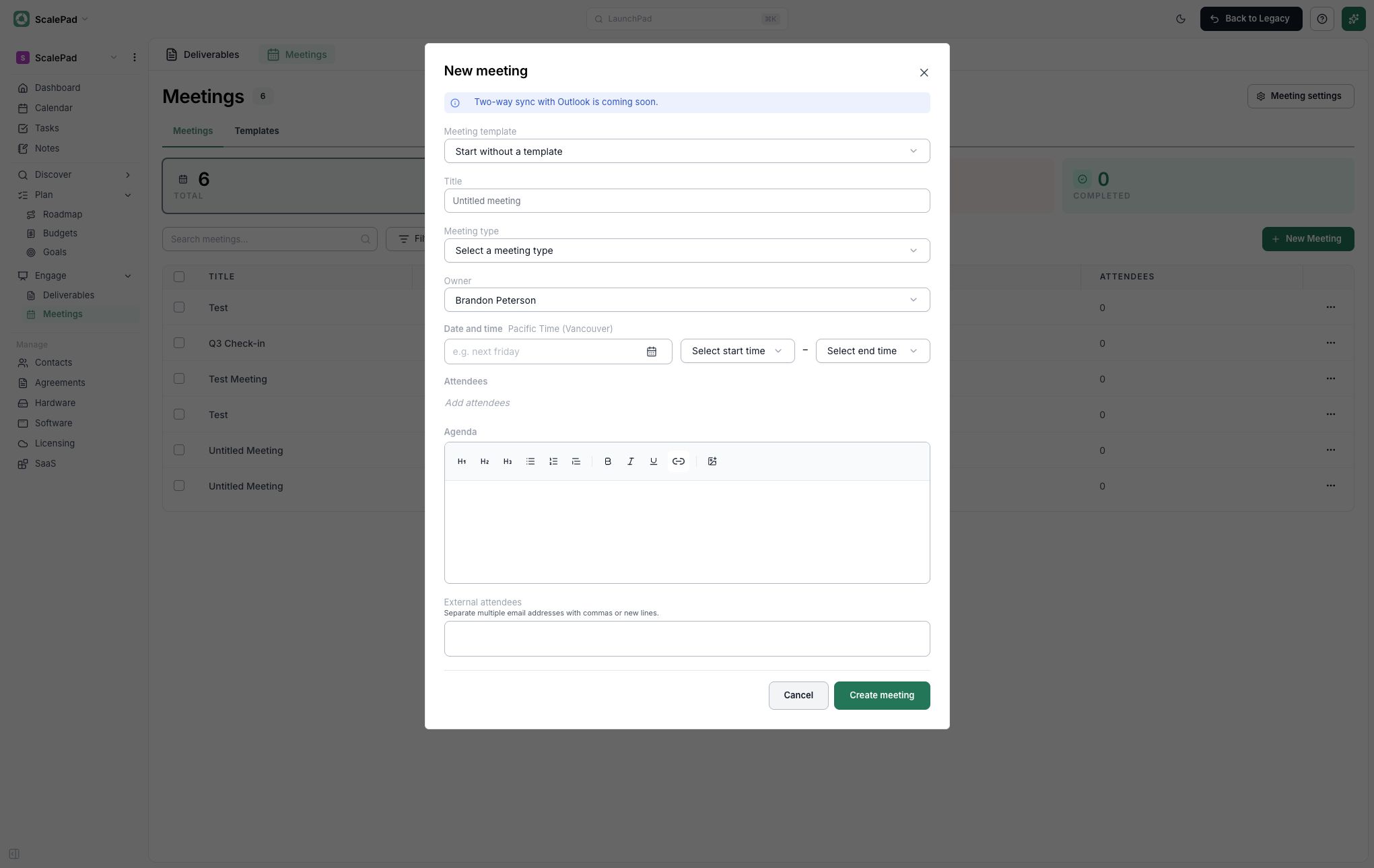 New Meeting form showing optional date and time fields