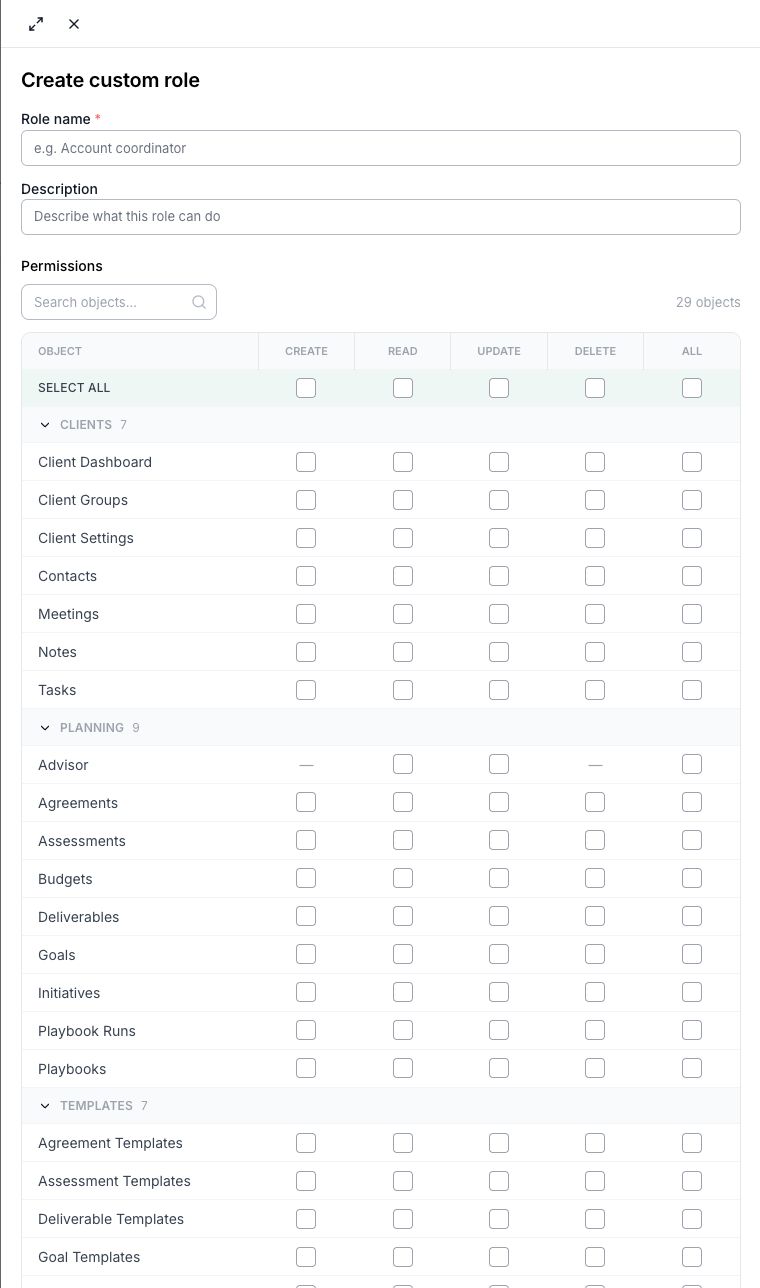 The Create custom role drawer showing role details and the permission matrix
