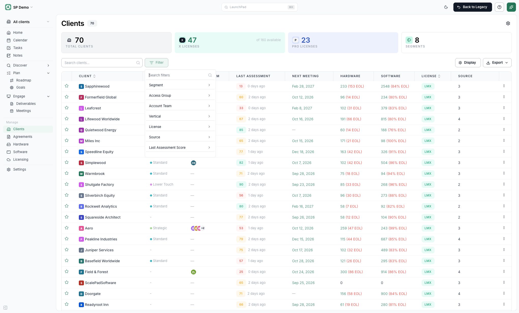 Client List Filter menu showing Source and other available filters