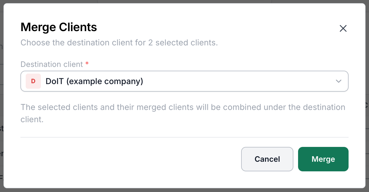Merge Client window with the Destination client field
