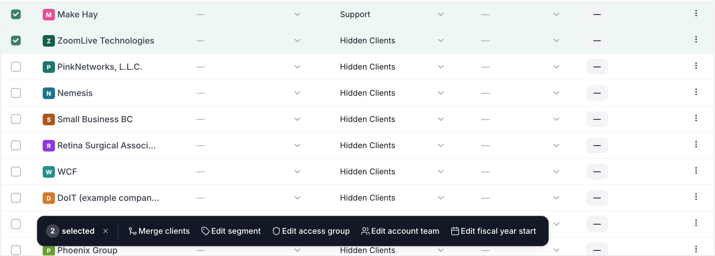 Two clients selected with Merge clients in the bar at the bottom of the screen