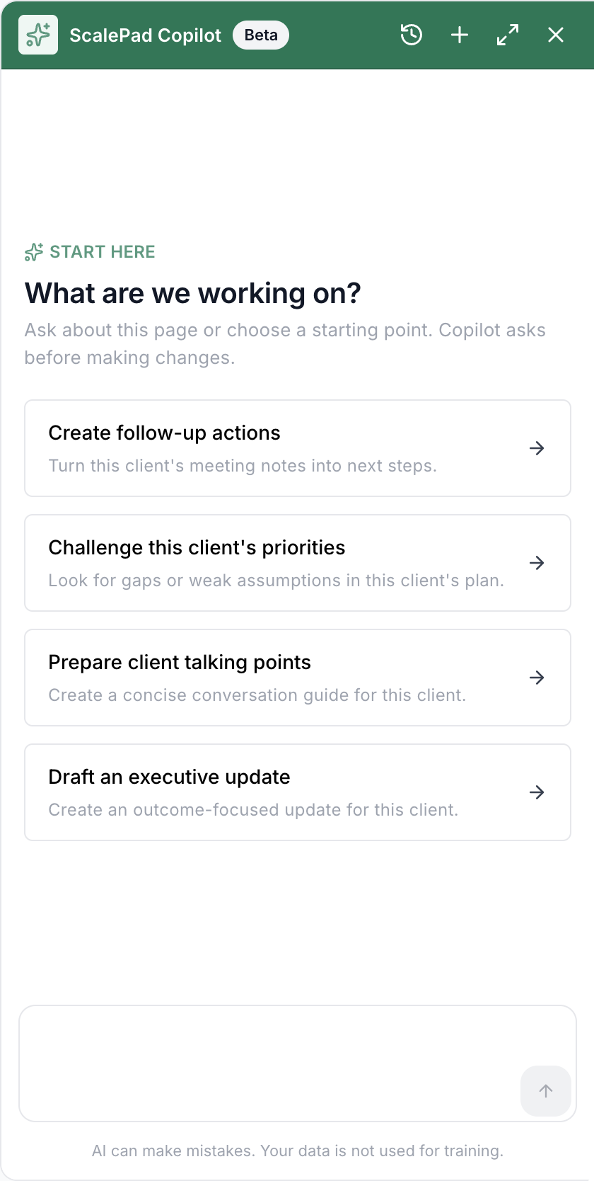Copilot starting screen with suggested prompts for the selected client