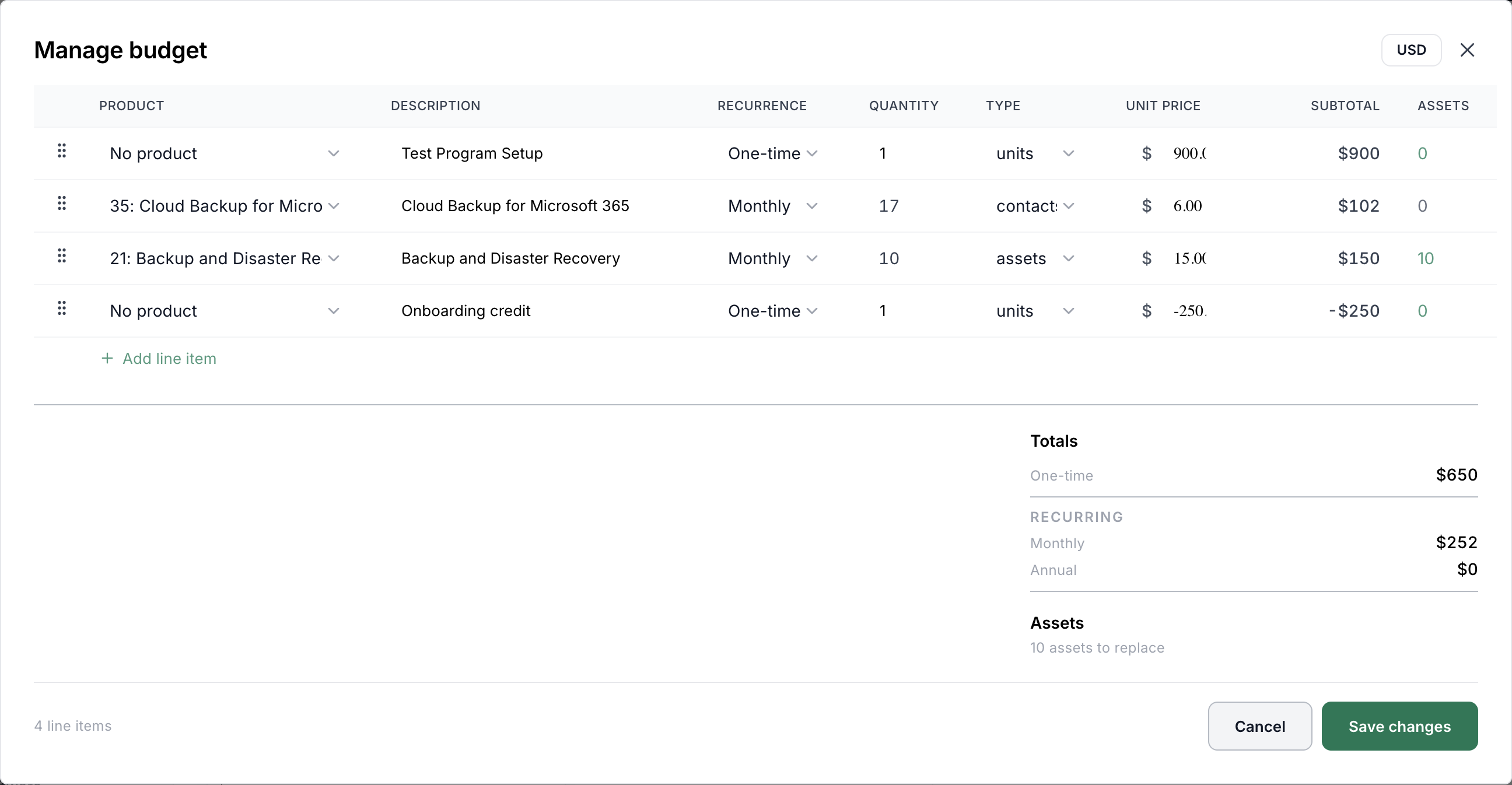 Manage budget window with product, contacts, assets and credit line items