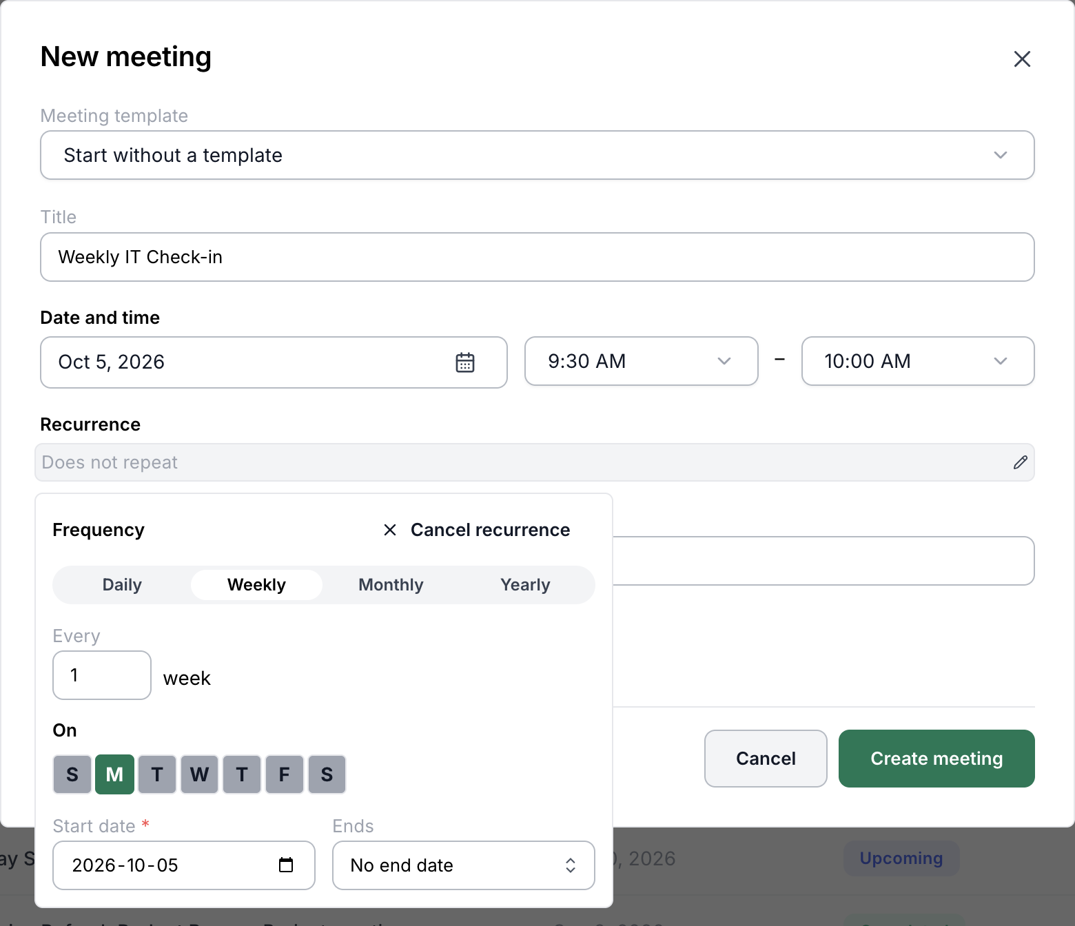 New meeting window with the Recurrence panel set to Weekly on Monday