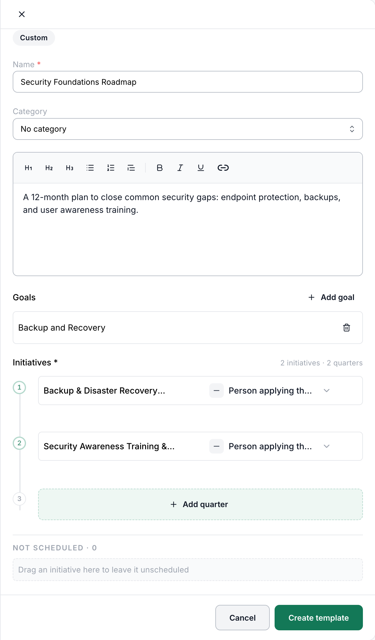 New roadmap template drawer with Goals and Initiatives by quarter