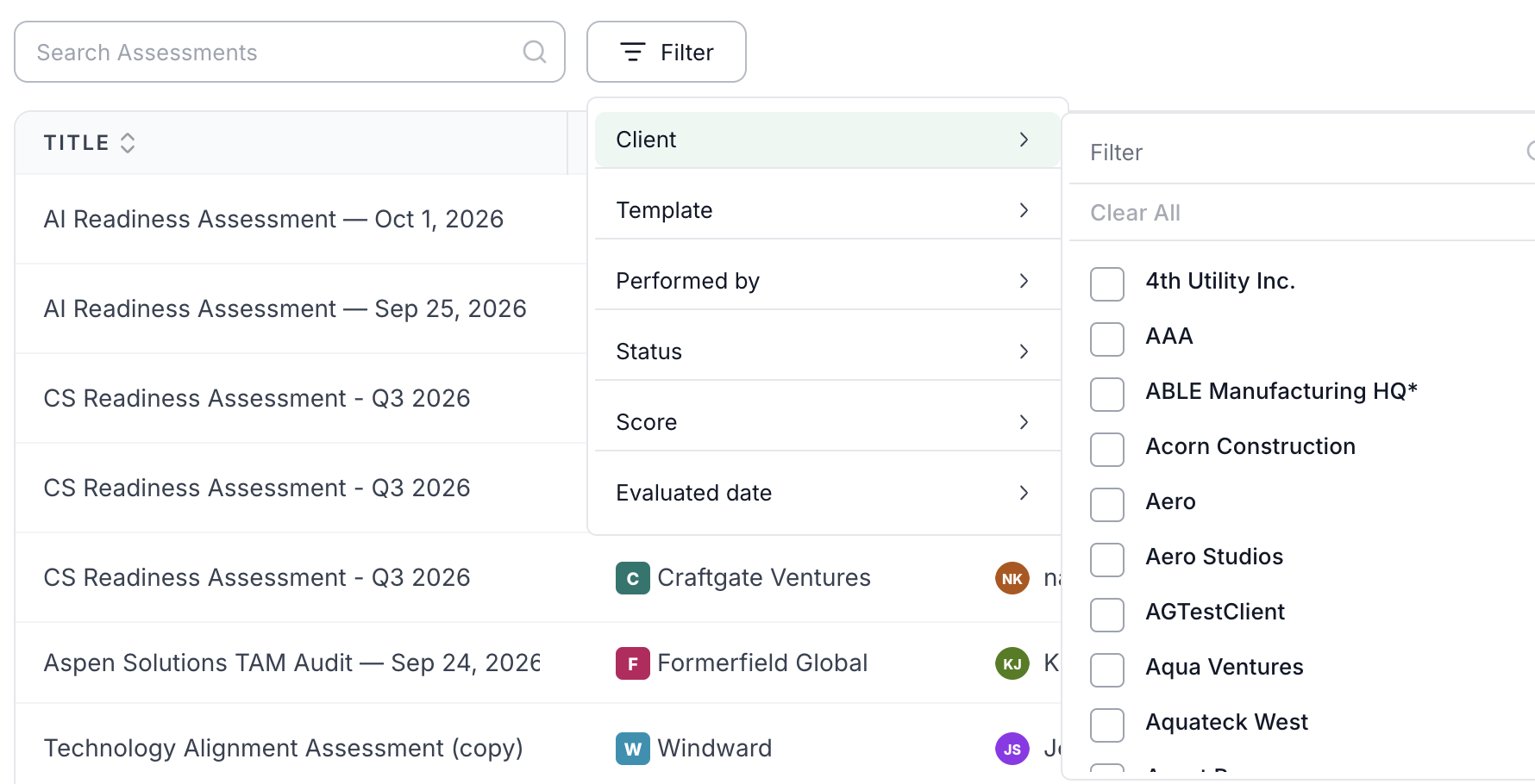 Filter menu on the Assessments page with the Client list expanded