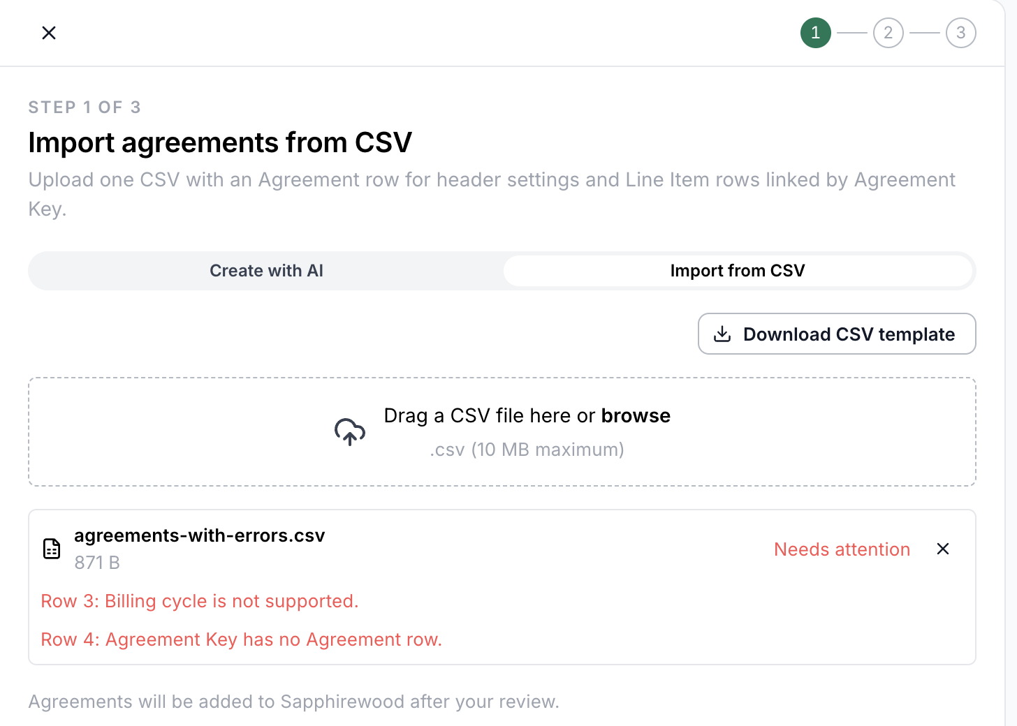 CSV import showing Download CSV template and row errors marked Needs attention