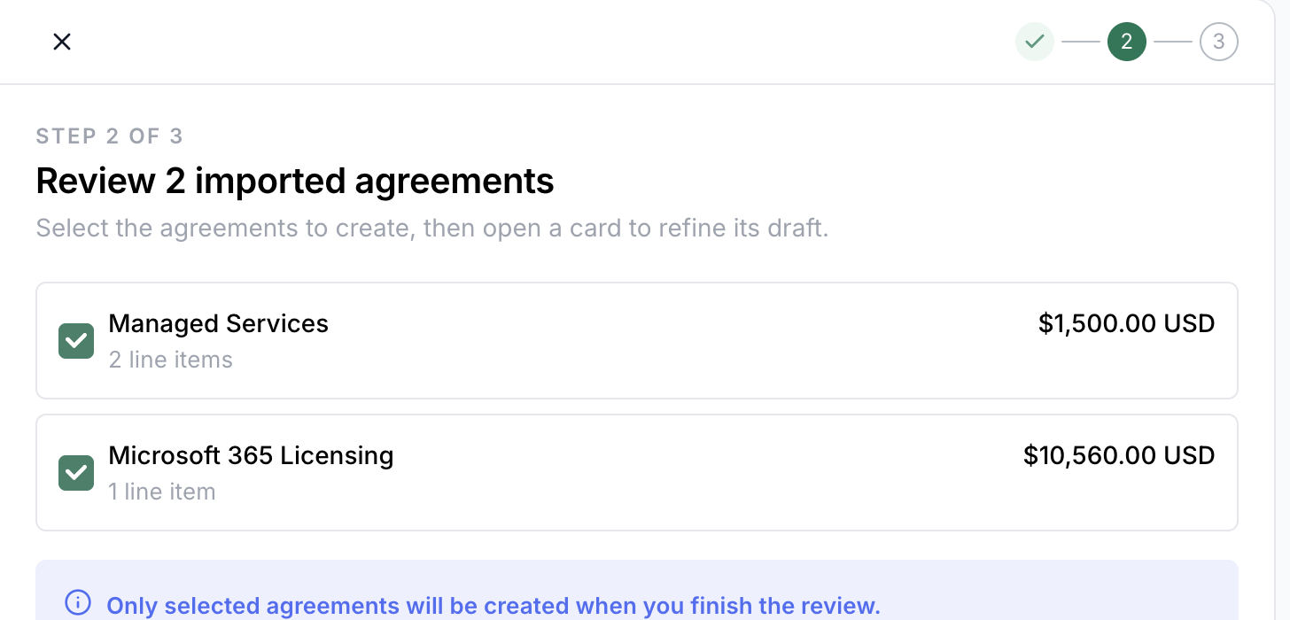 Review step with a card for each imported agreement