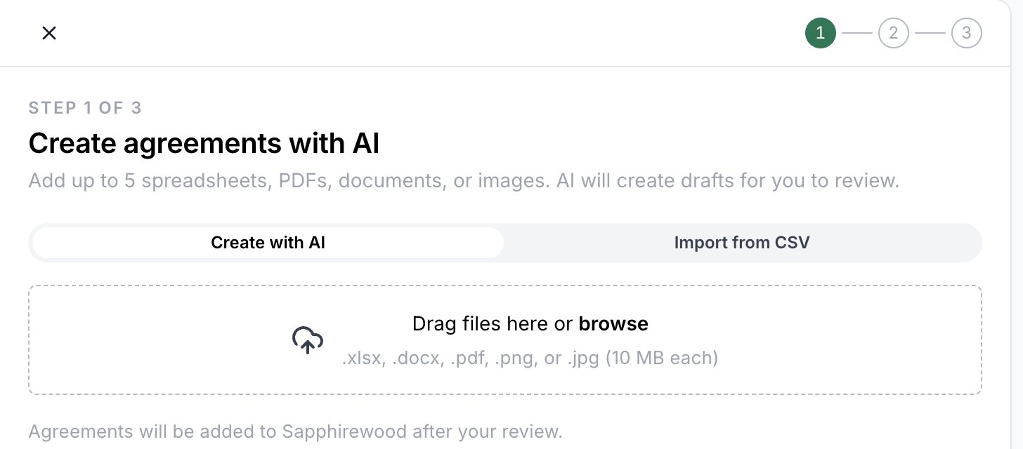 Import step with Create with AI and Import from CSV