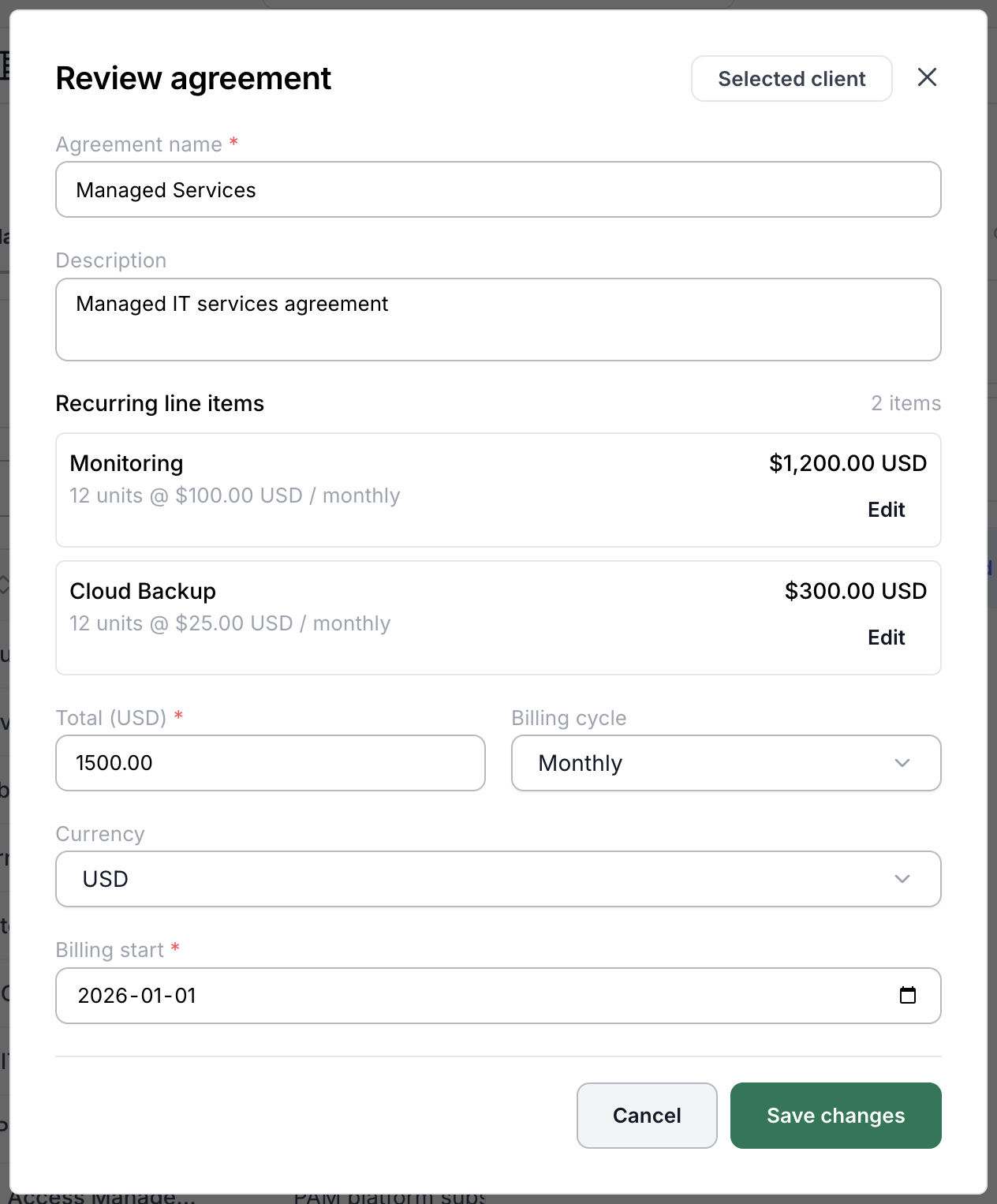 Review agreement window with line items and billing fields