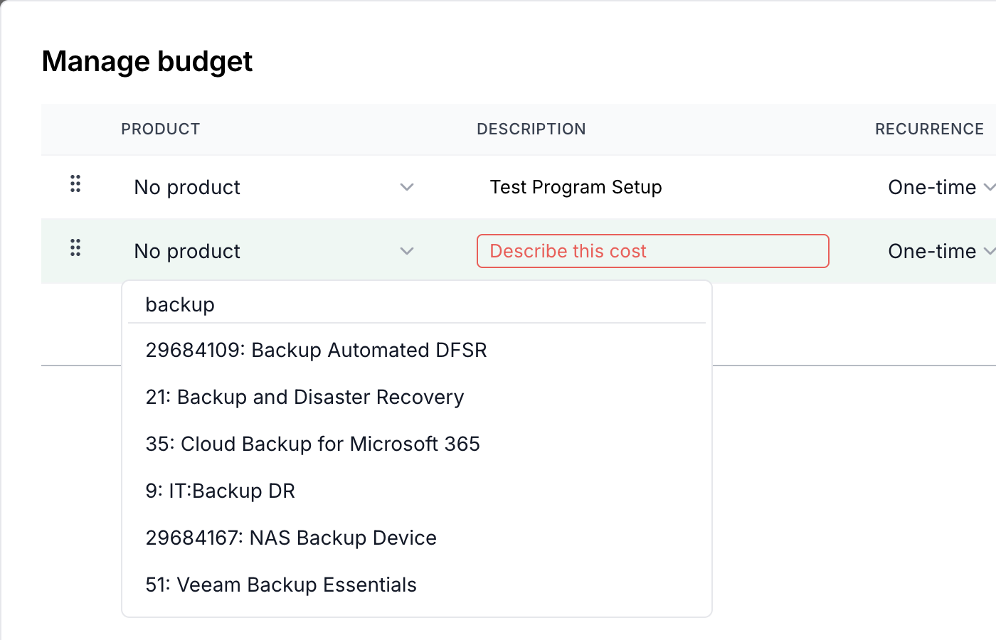 Product picker in the Manage budget window