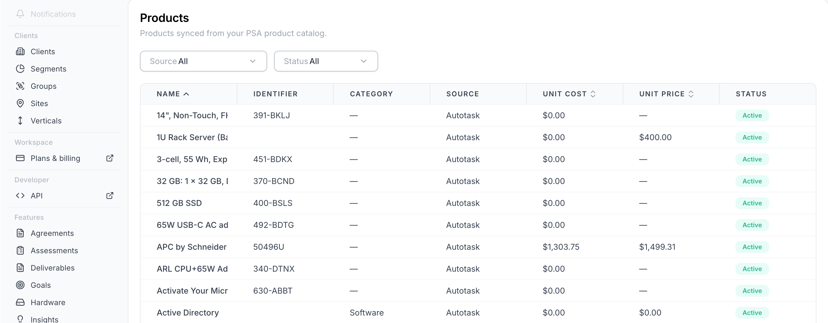 Products page in Account Settings with Source and Status filters