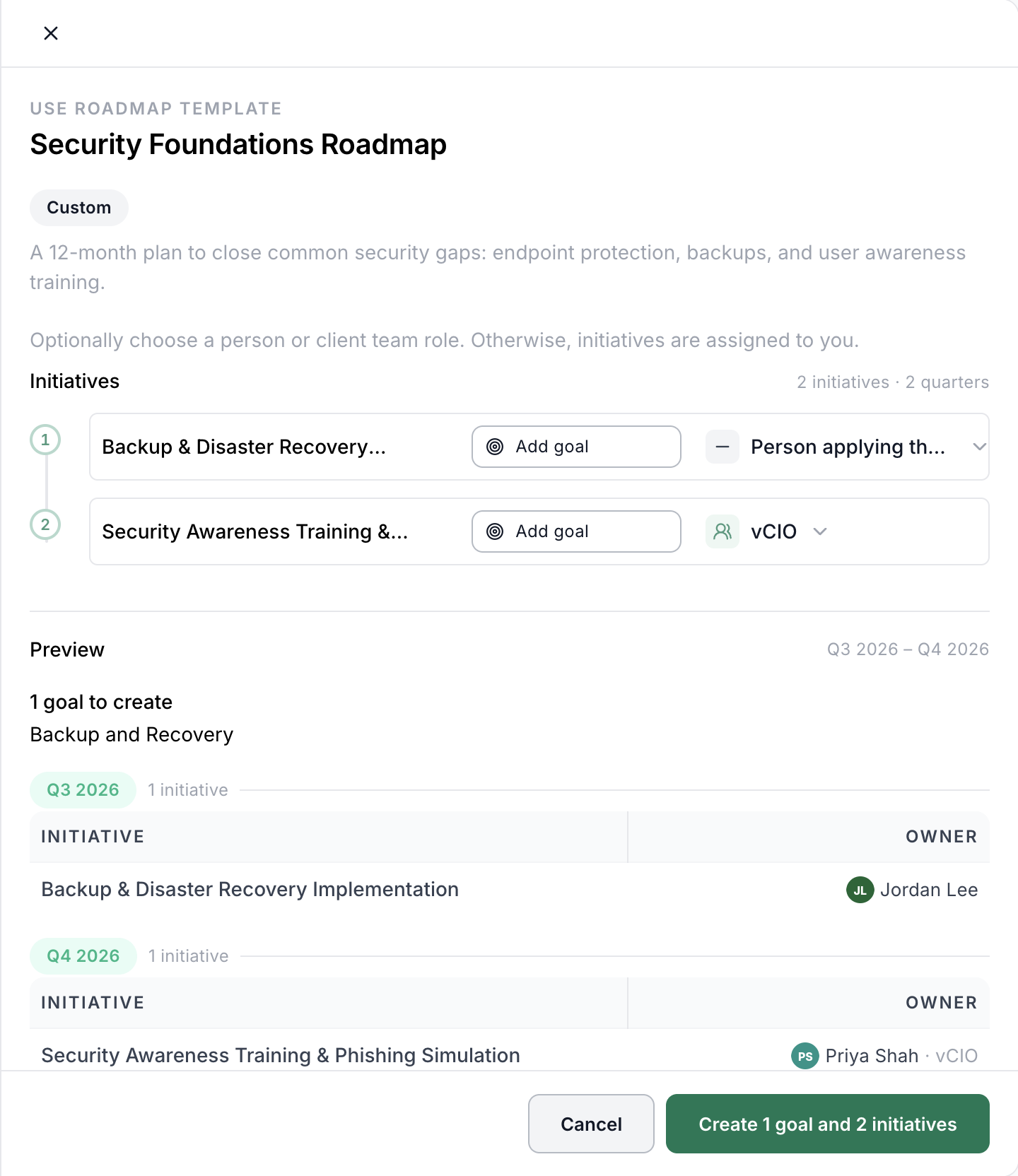 Use Roadmap Template drawer with the preview of goals and initiatives by quarter