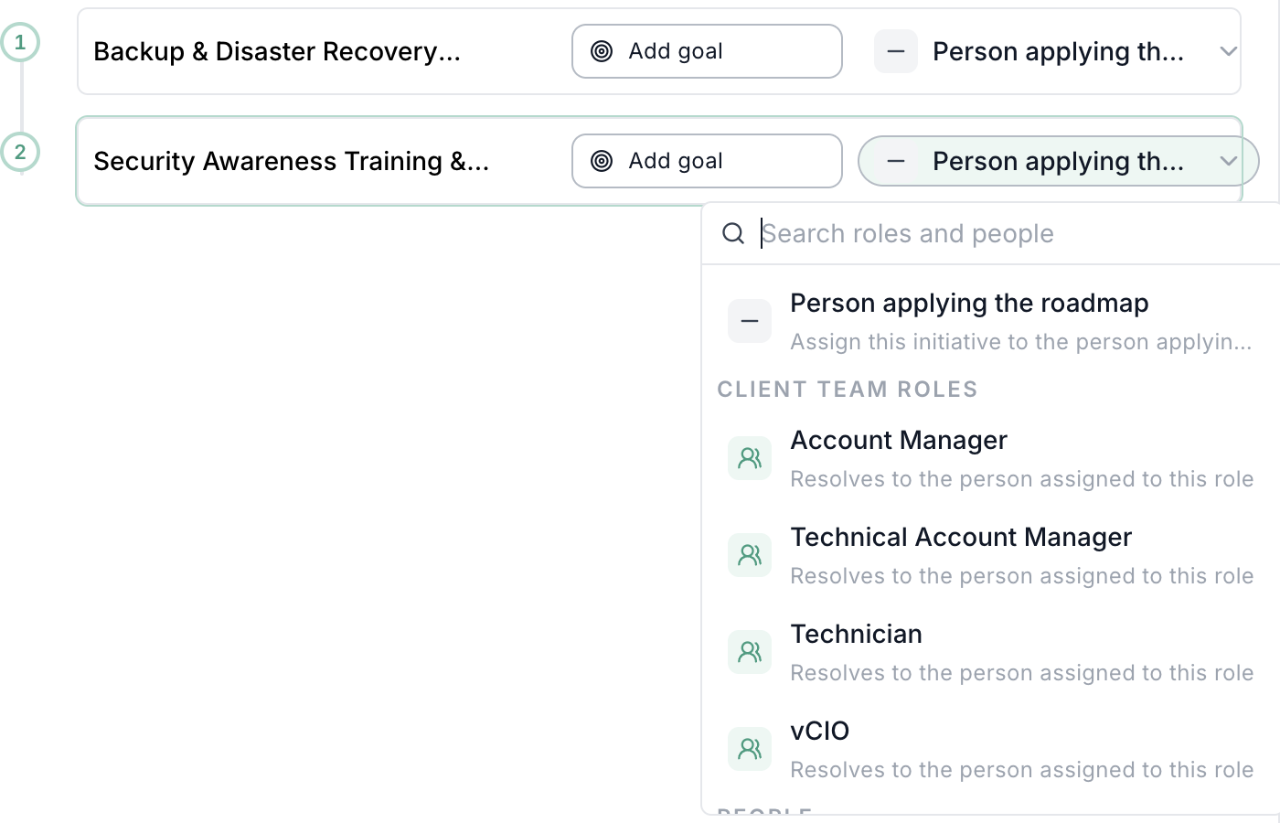 Owner picker with the person applying the roadmap and client team roles