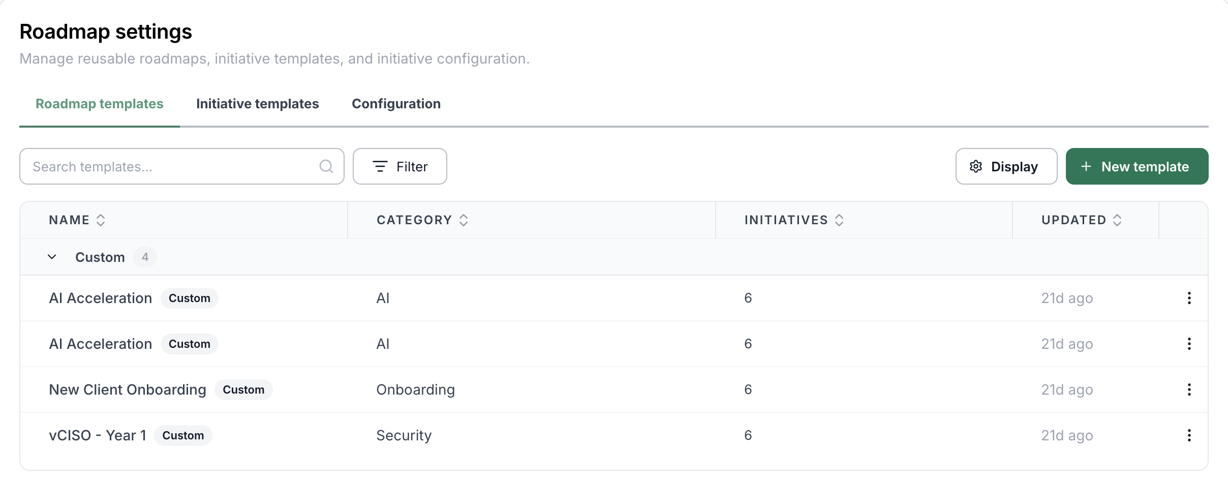 Roadmap templates list in Roadmap settings