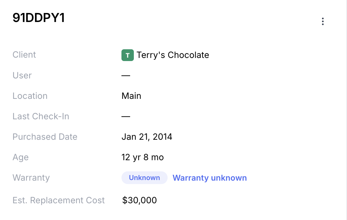 Hardware asset details with Est. Replacement Cost below Warranty