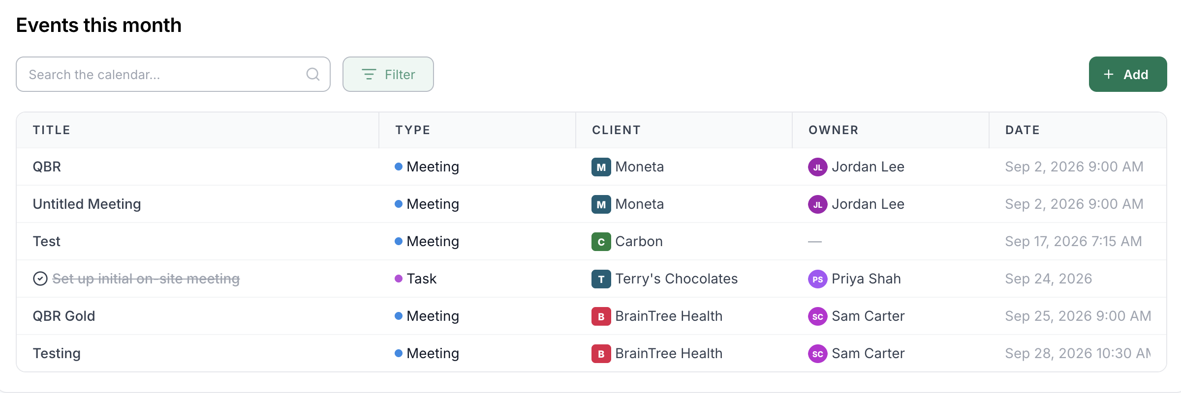 Events list below the calendar with search and filter