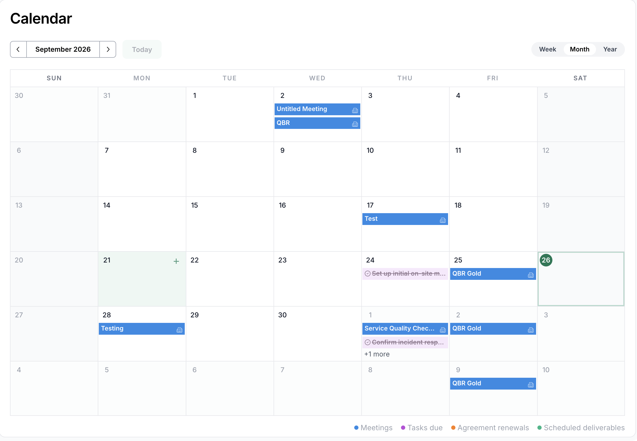 Calendar in Month view with meetings, tasks and the item legend
