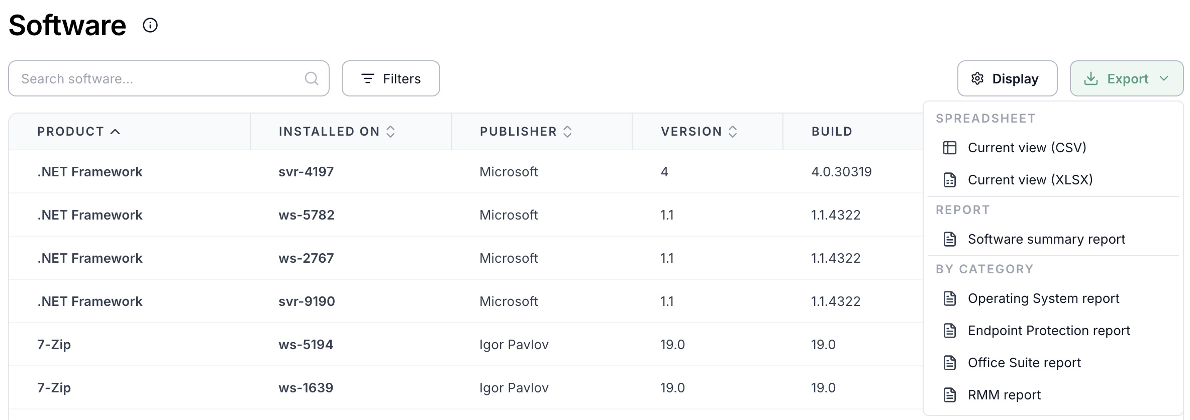 Export menu on a client's All Software page