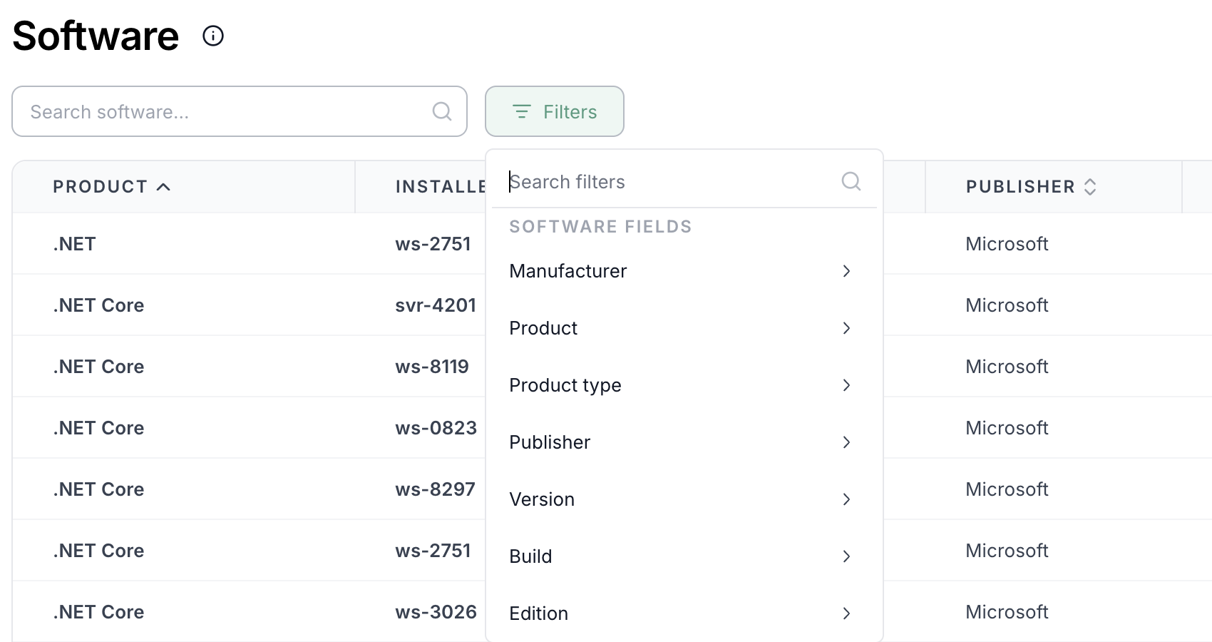 Filters menu on the All Software page