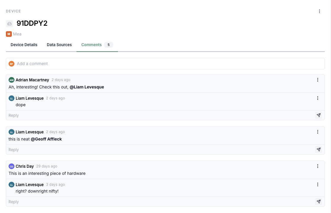 Hardware asset Comments tab with threaded replies and mentions