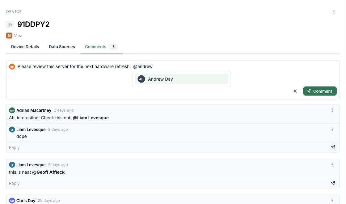 Mention picker showing Andrew Day while composing a comment