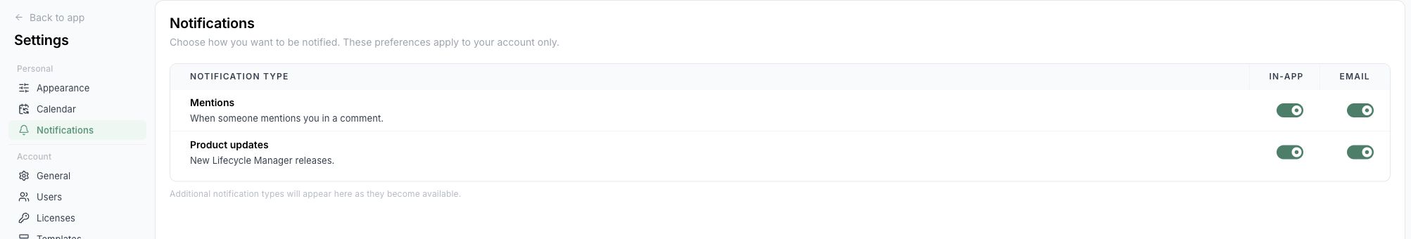 Personal notification preferences with Mentions and Product updates toggles