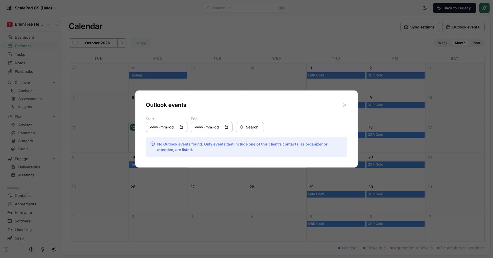 Outlook events dialog with date range search and client-contact filtering guidance