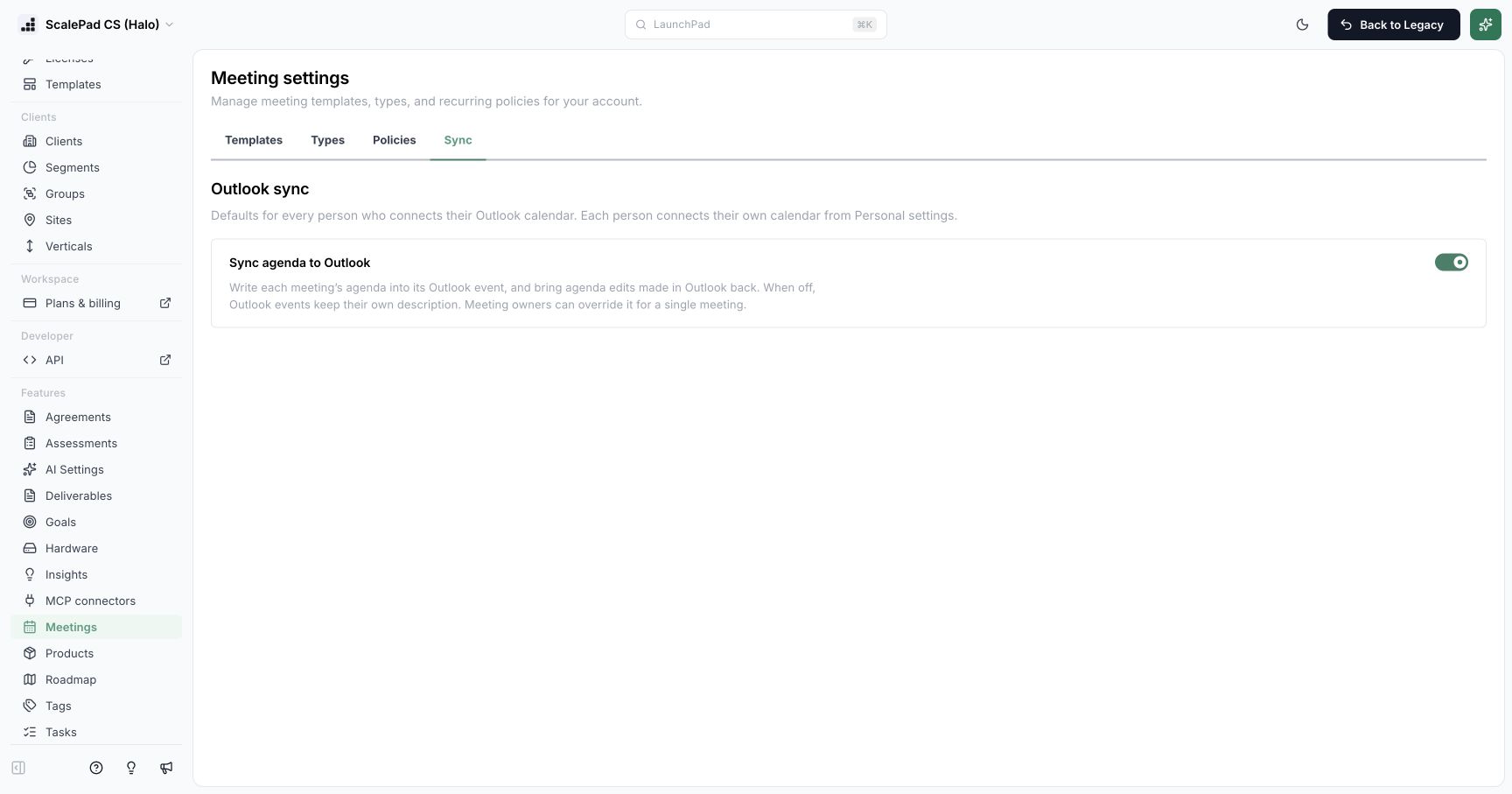 Meetings Sync settings showing the account default for agenda syncing to Outlook