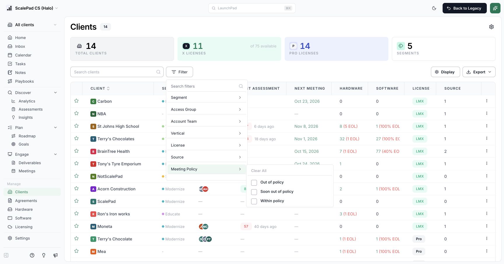 Clients page with Filter and Meeting Policy options expanded to show Out of policy, Soon out of policy, and Within policy