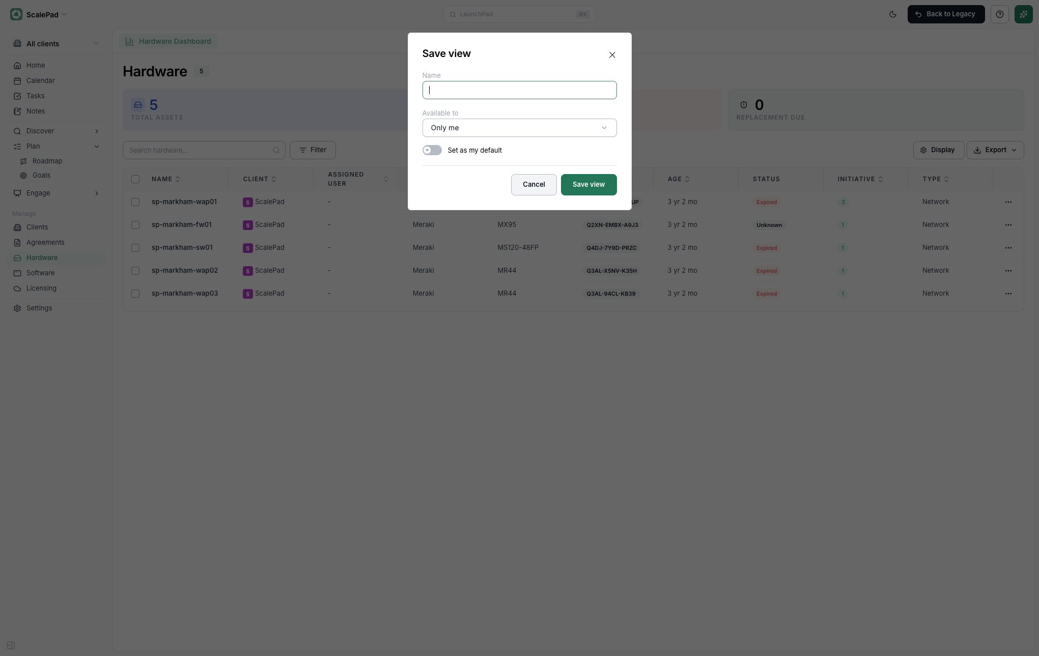 Example of the Save view dialog showing name, availability, and default options
